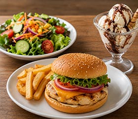 Un plato de ensalada, otro plato con hamburguesa de pollo y una compa de helado